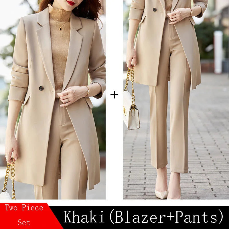 High End Office Professional Women's Blazer Pants 2-Piece Set Fall Fashion Long Female Jacket Over Business Suit Casual Trousers