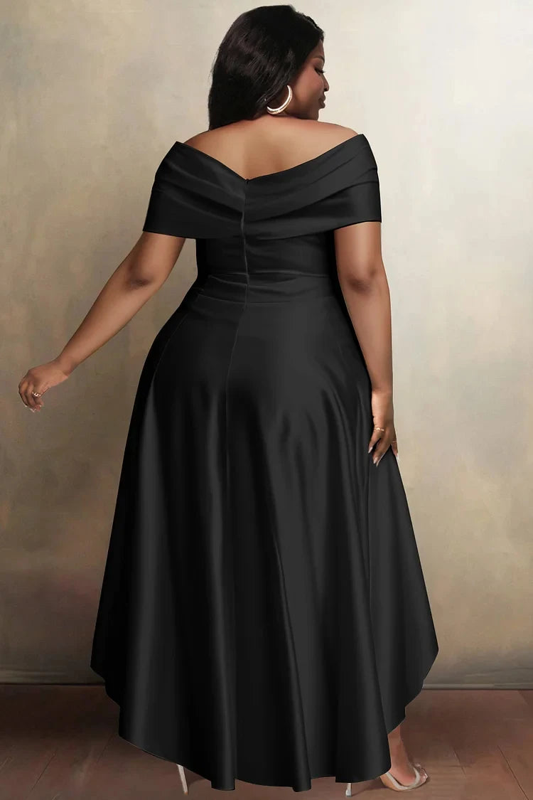 Elegant Dress for Women Irregular Hem Pleated A-Line Solid Neck High Waist Plus Size Long Dresses