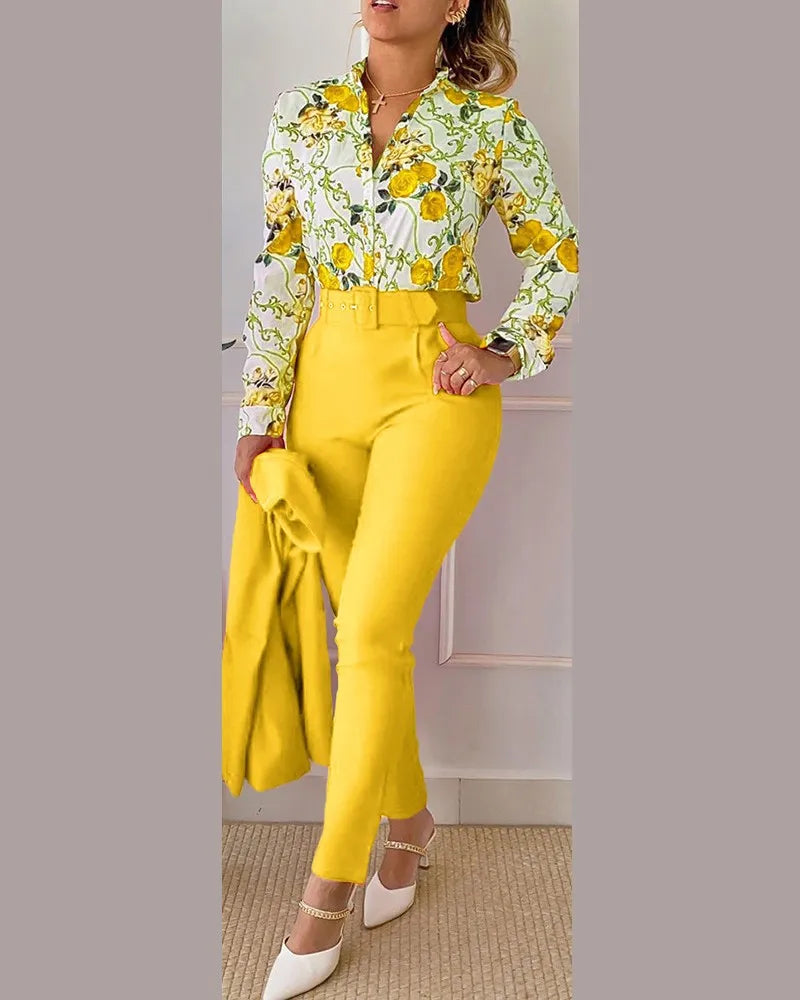 Stand Neck Floral Print Long Sleeve Shirt Pants Two Piece Sets Elegant Women Casual Shirt Trousers Suits With Belt