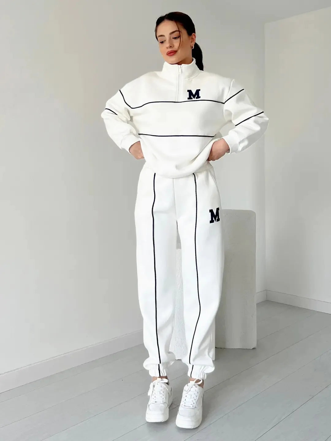 Fashion Letter Print Sweatshirt Set Casual Zipper Half Open Collar Long-sleeve Top + Sweatpants Two-piece Suit