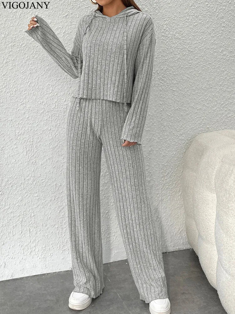 Knit Long Sleeve Pullover Set Winter Casual Knitted High Waist Long Pants Suit Women Hooded Gray Sport Two Piece Set