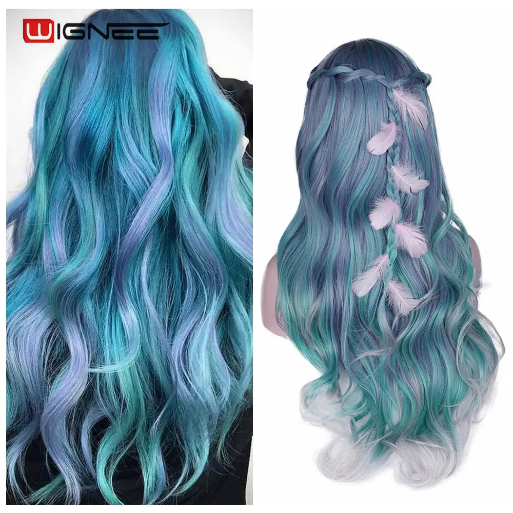 Light Blue Wig Synthetic Ombre Long Wavy Body Wave Side Part Heat Resistant Natural Hair Wigs