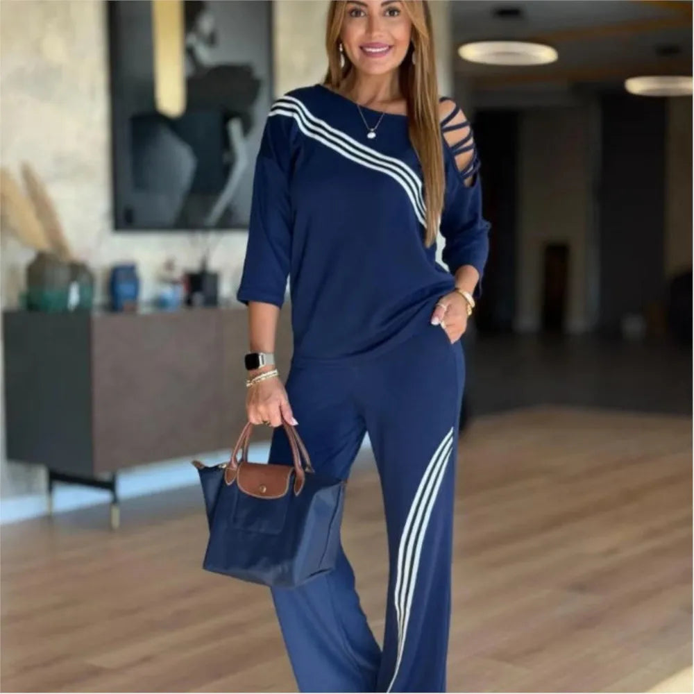 Fashion Printed Striped Cutout 7-inch Sleeve T-shirt Women Long Pants 2piece Set Autumn Casual Loose Sport Long Pants Set