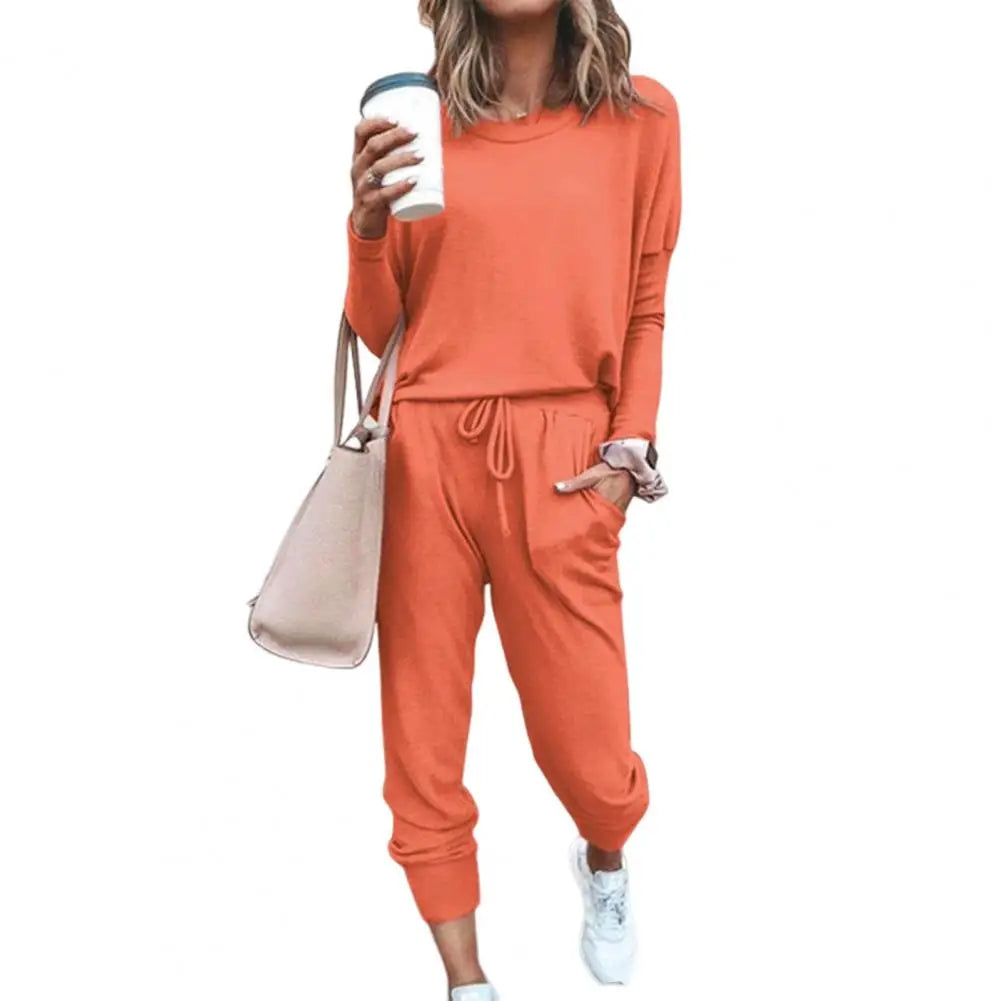Drawstring Elastic Waist Sweatpants Set Fashion Sporty Casual Pullover Tops Pants Set Lady Tracksuit Set