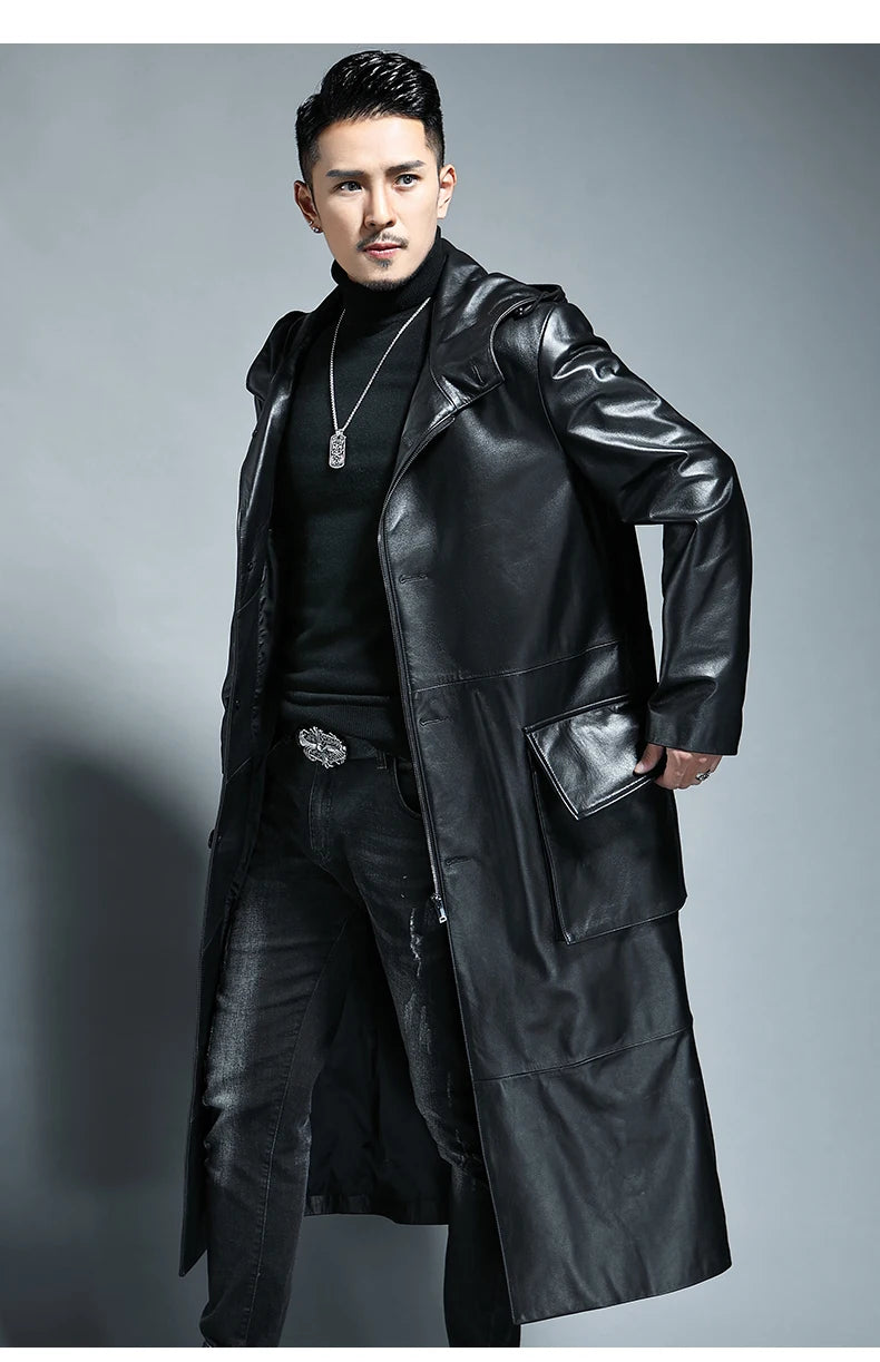 Spring Autumn Extra Long Black Loose Waterproof Windproof Soft Pu Leather Trench Coats Men with Hood Zip Up Overcoat