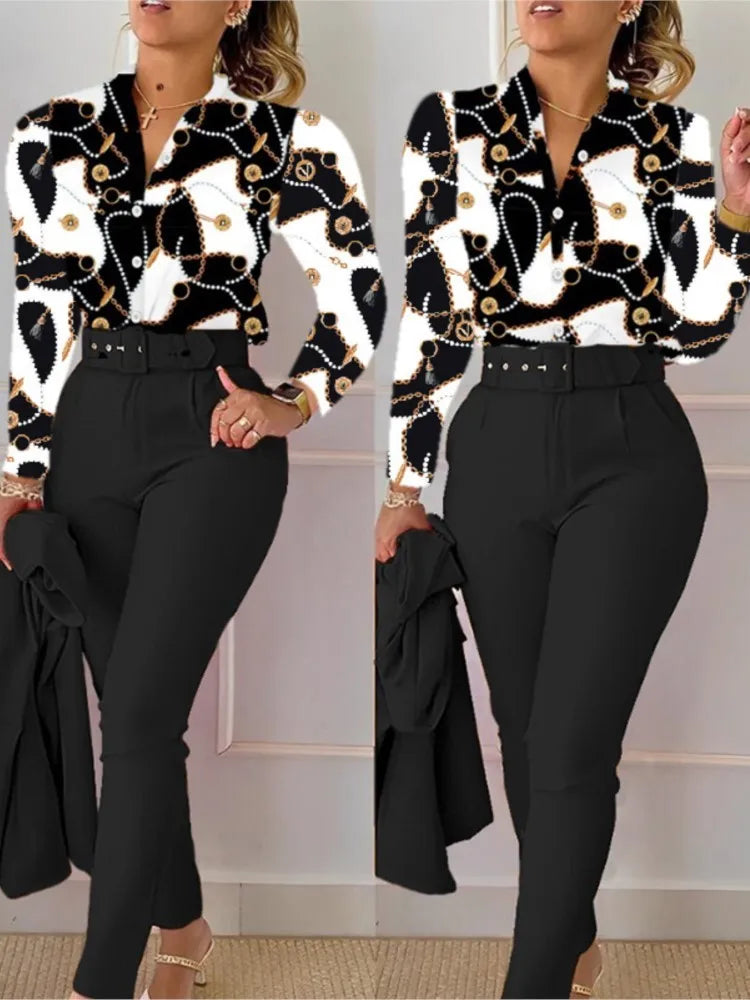 Stand Neck Floral Print Long Sleeve Shirt Pants Two Piece Sets Elegant Women Casual Shirt Trousers Suits With Belt