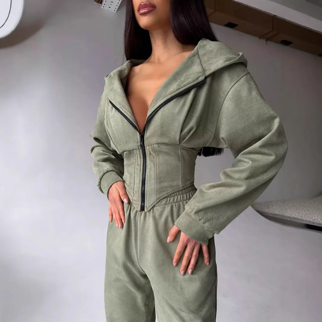 Autumn Solid Color Waist-Cinched Hooded Sweatshirt Long Pants 2-Piece Sporty Casual Set Women's Tracksuit Elegant