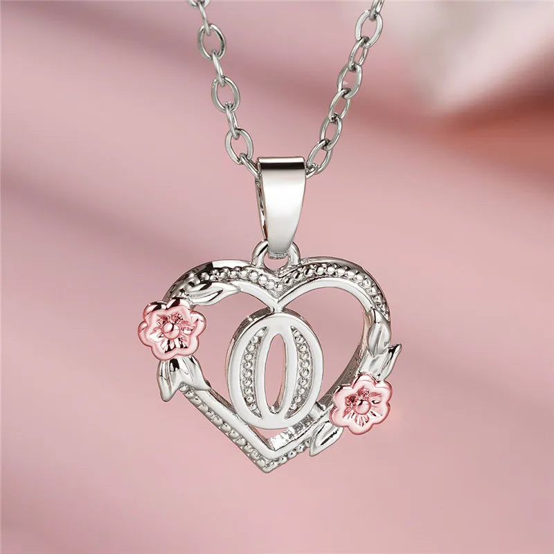Cute Female A-Z Letter Flower Pendant Necklace Silver Color  Jewelry Gift For Women
