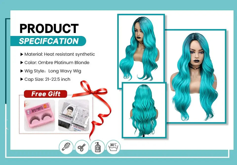 Light Blue Wig Synthetic Ombre Long Wavy Body Wave Side Part Heat Resistant Natural Hair Wigs