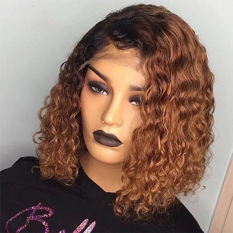 1B/27 Ombre Color Short Curly 13X6 Lace Front Human Hair Wigs With Baby Hair Pre Plucked Remy Brazilian Bob Wigs Bleached Knots