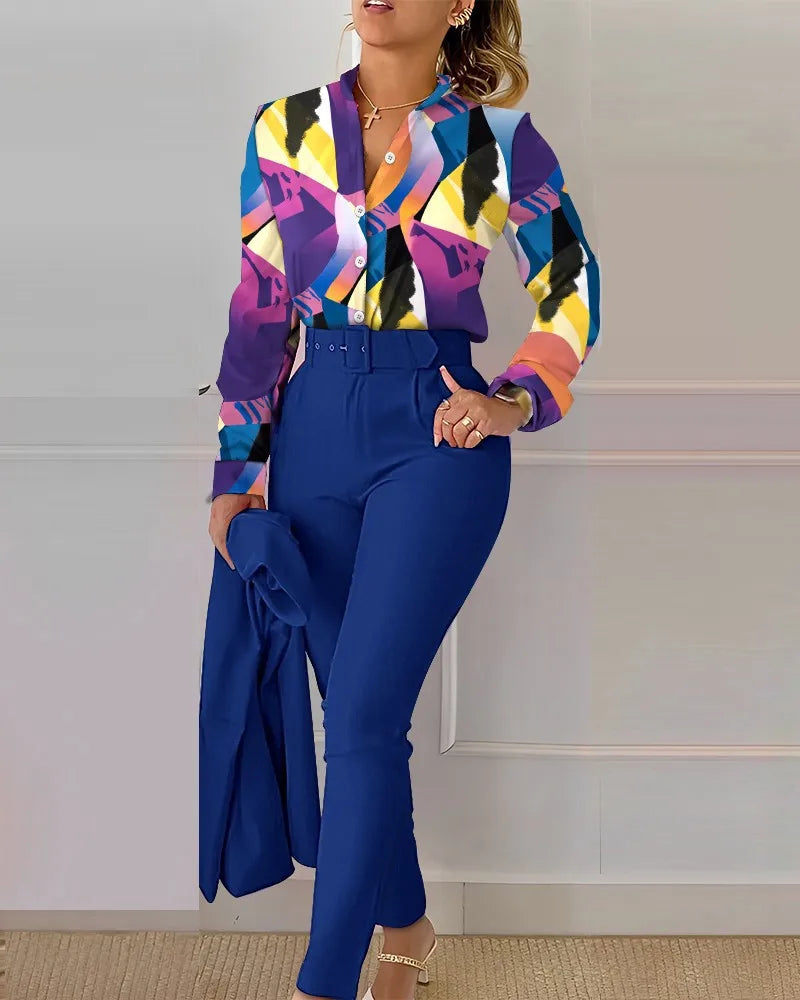 Stand Neck Floral Print Long Sleeve Shirt Pants Two Piece Sets Elegant Women Casual Shirt Trousers Suits With Belt