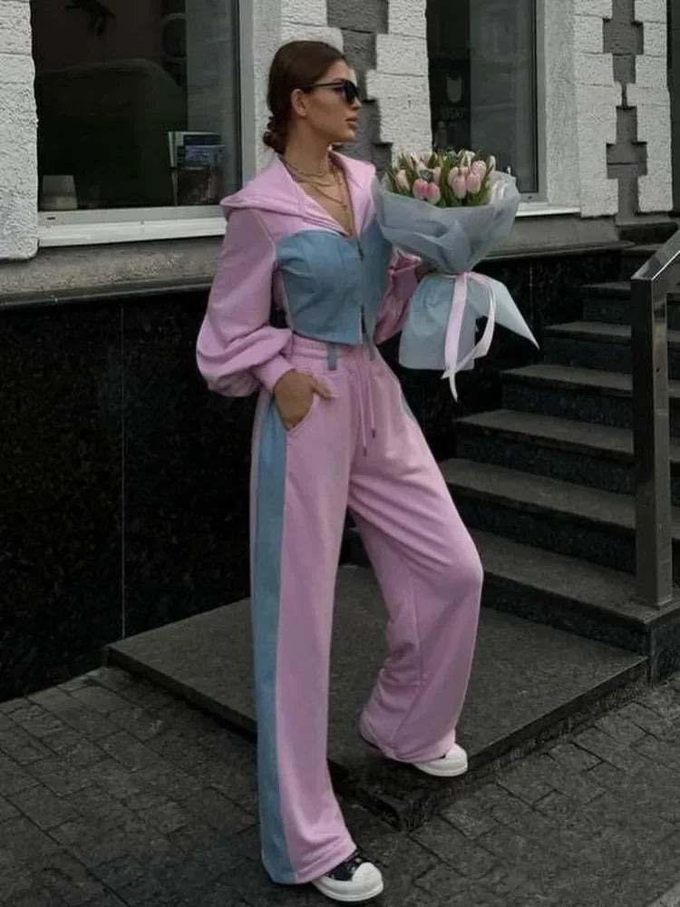 2 Piece Hoodie Sets Long Sleeve Zipper Women's Tracksuit New Crop Tops Wide Leg Sport Pants Set