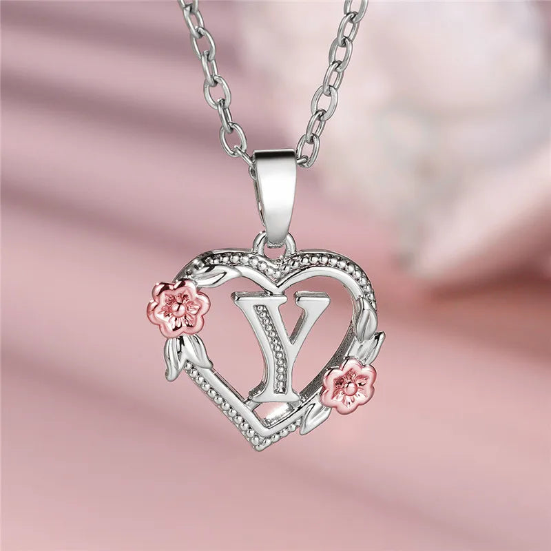 Cute Female A-Z Letter Flower Pendant Necklace Silver Color  Jewelry Gift For Women