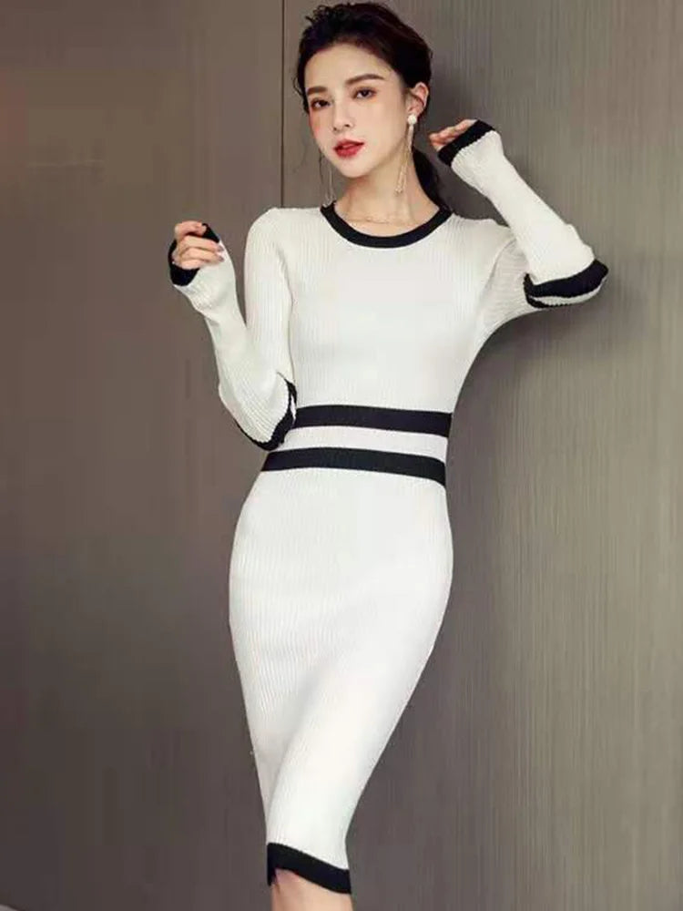 Stretch Knit Pencil Dress Spring Pullover Full Sleeve Simple Color Matching High Waist Slim Elegant