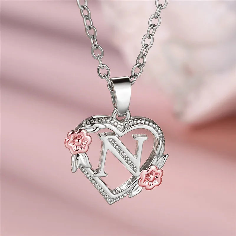 Cute Female A-Z Letter Flower Pendant Necklace Silver Color  Jewelry Gift For Women