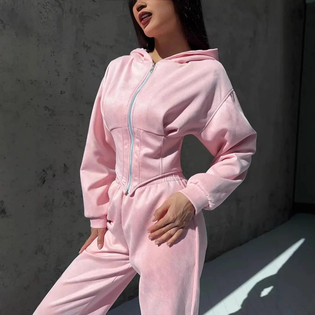 Autumn Solid Color Waist-Cinched Hooded Sweatshirt Long Pants 2-Piece Sporty Casual Set Women's Tracksuit Elegant
