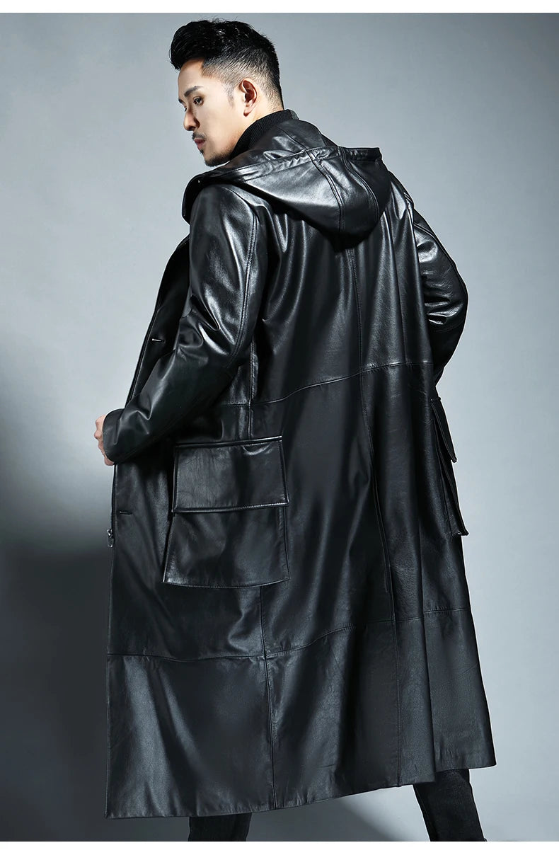 Spring Autumn Extra Long Black Loose Waterproof Windproof Soft Pu Leather Trench Coats Men with Hood Zip Up Overcoat