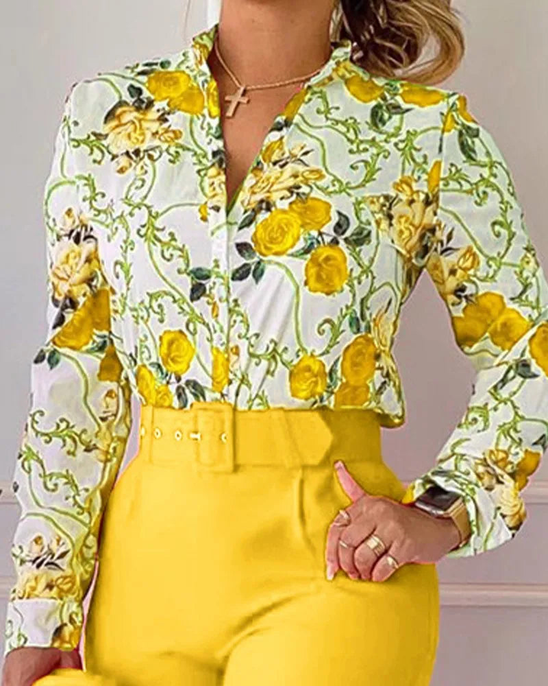 Stand Neck Floral Print Long Sleeve Shirt Pants Two Piece Sets Elegant Women Casual Shirt Trousers Suits With Belt