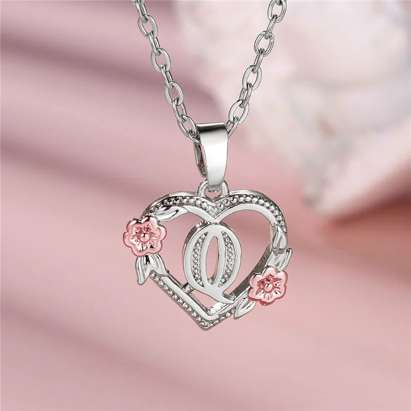 Cute Female A-Z Letter Flower Pendant Necklace Silver Color  Jewelry Gift For Women