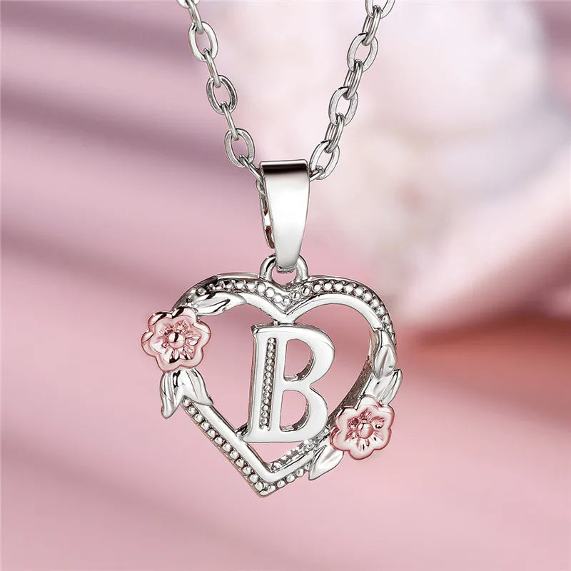Cute Female A-Z Letter Flower Pendant Necklace Silver Color  Jewelry Gift For Women