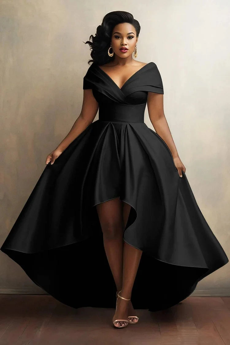 Elegant Dress for Women Irregular Hem Pleated A-Line Solid Neck High Waist Plus Size Long Dresses