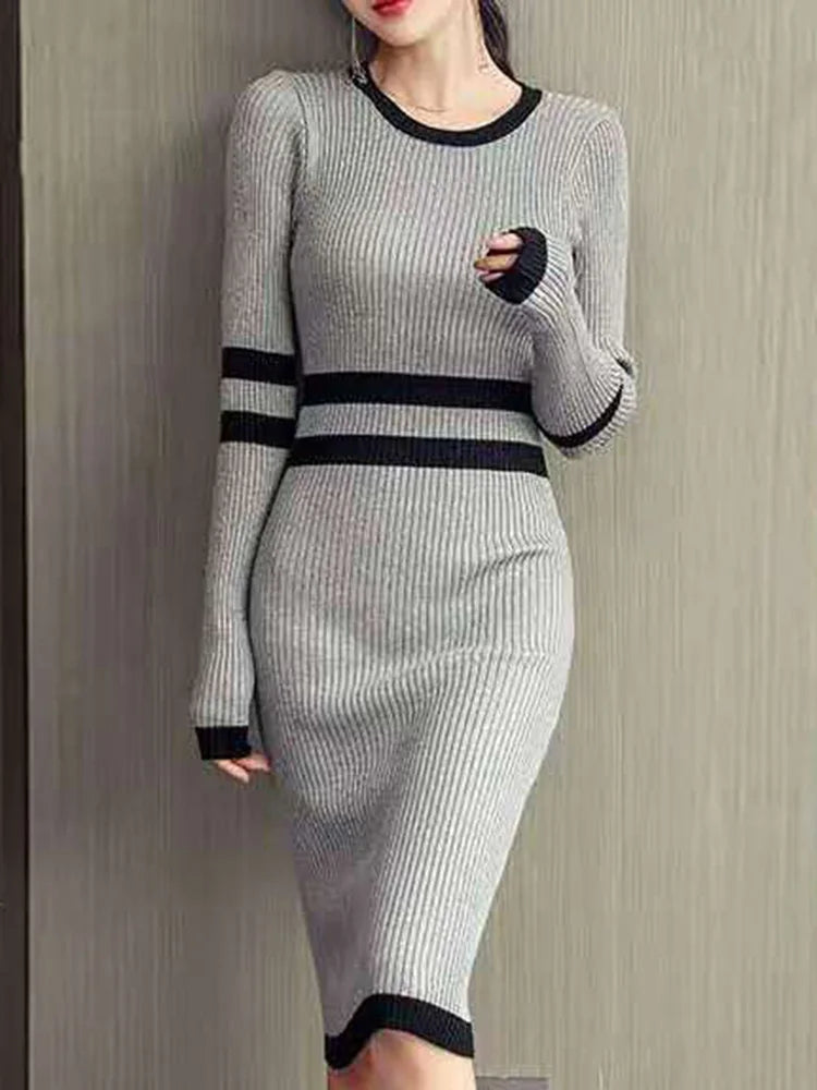 Stretch Knit Pencil Dress Spring Pullover Full Sleeve Simple Color Matching High Waist Slim Elegant