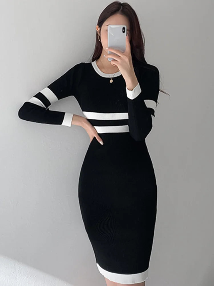 Stretch Knit Pencil Dress Spring Pullover Full Sleeve Simple Color Matching High Waist Slim Elegant