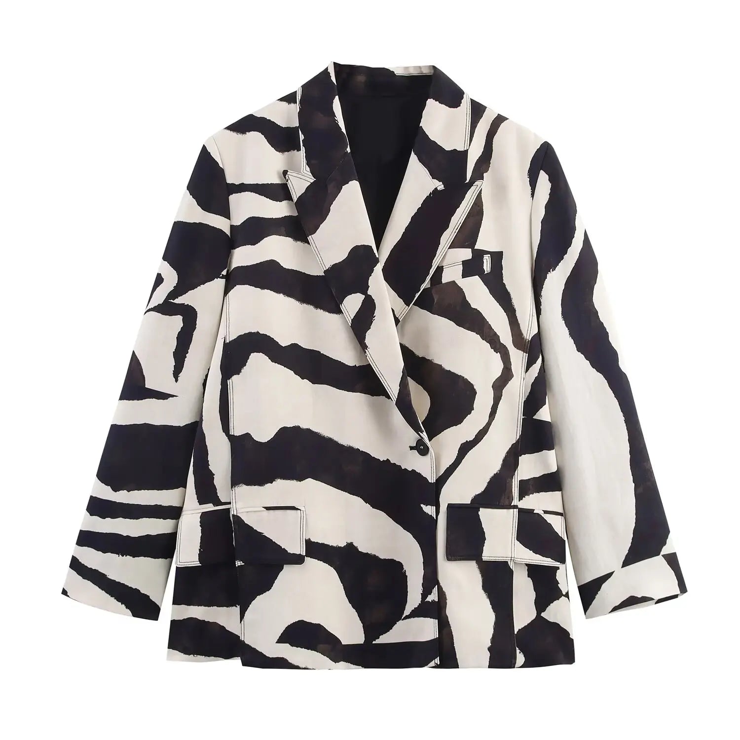 Women Zebra Stripes Suit  Pocket Single Deduction Decorate Turn-Down Collar Blazer Jacket+Zipper Casual Wide-Leg Pants