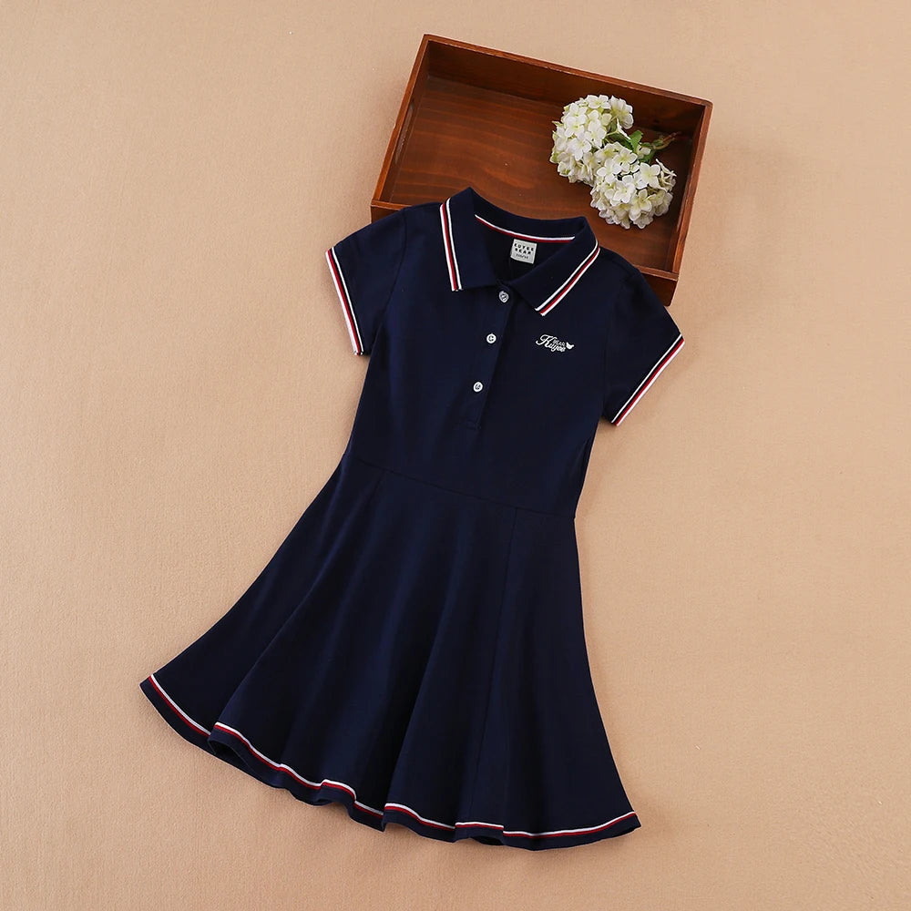 Girls Sport Dresses Cotton Turn-Down Collar Tennis Dress Short Sleeve Golf Dress for Children