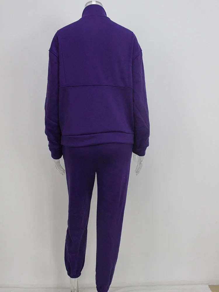 Sporty Sweatshirt Sets Two Pieces  Stand Collar Zip Long Sleeve Hoodie &High Elastic Sweat-pant Suits
