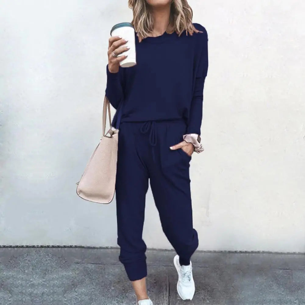Drawstring Elastic Waist Sweatpants Set Fashion Sporty Casual Pullover Tops Pants Set Lady Tracksuit Set