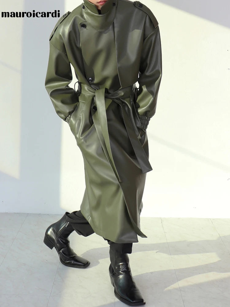 Long Oversized Army Green Leather Trench Coat Men Sashes Loose Luxury