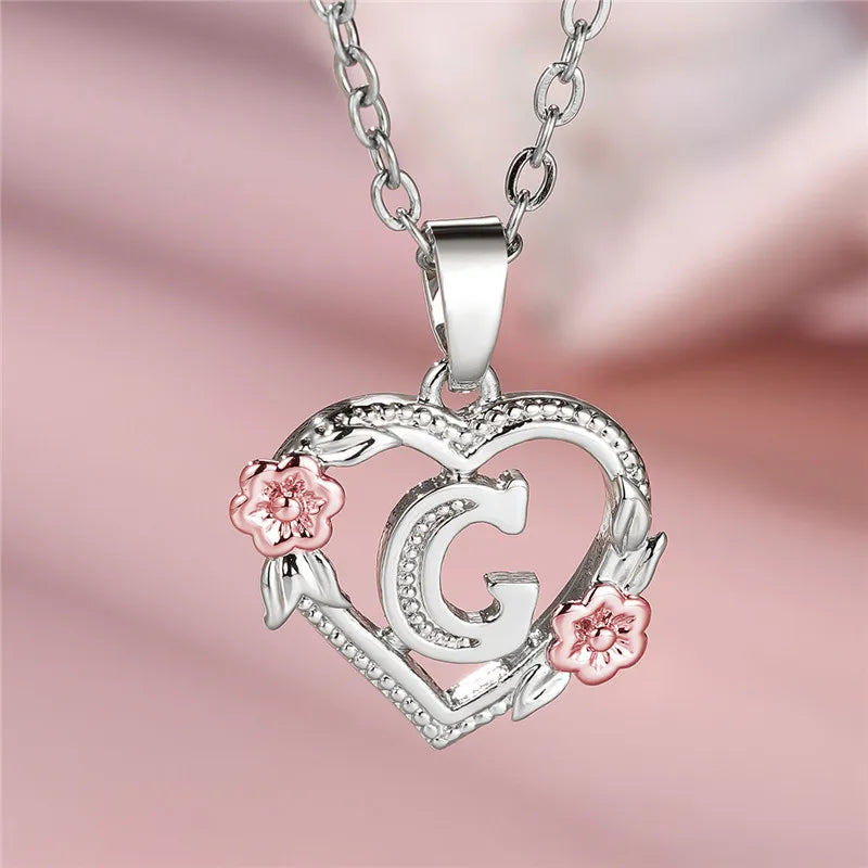 Cute Female A-Z Letter Flower Pendant Necklace Silver Color  Jewelry Gift For Women