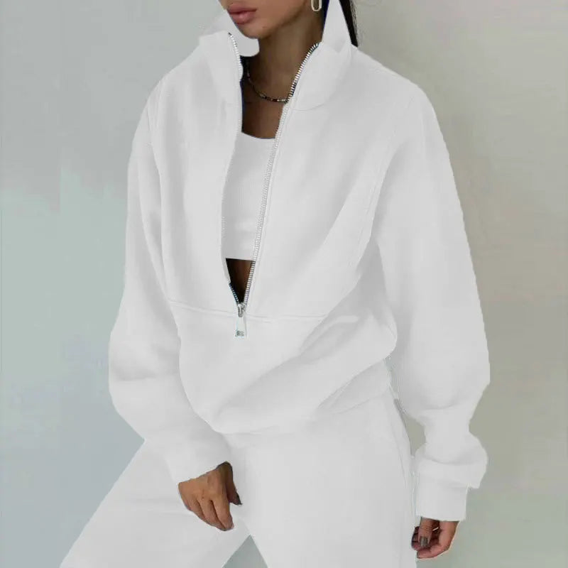 Sporty Sweatshirt Sets Two Pieces  Stand Collar Zip Long Sleeve Hoodie &High Elastic Sweat-pant Suits