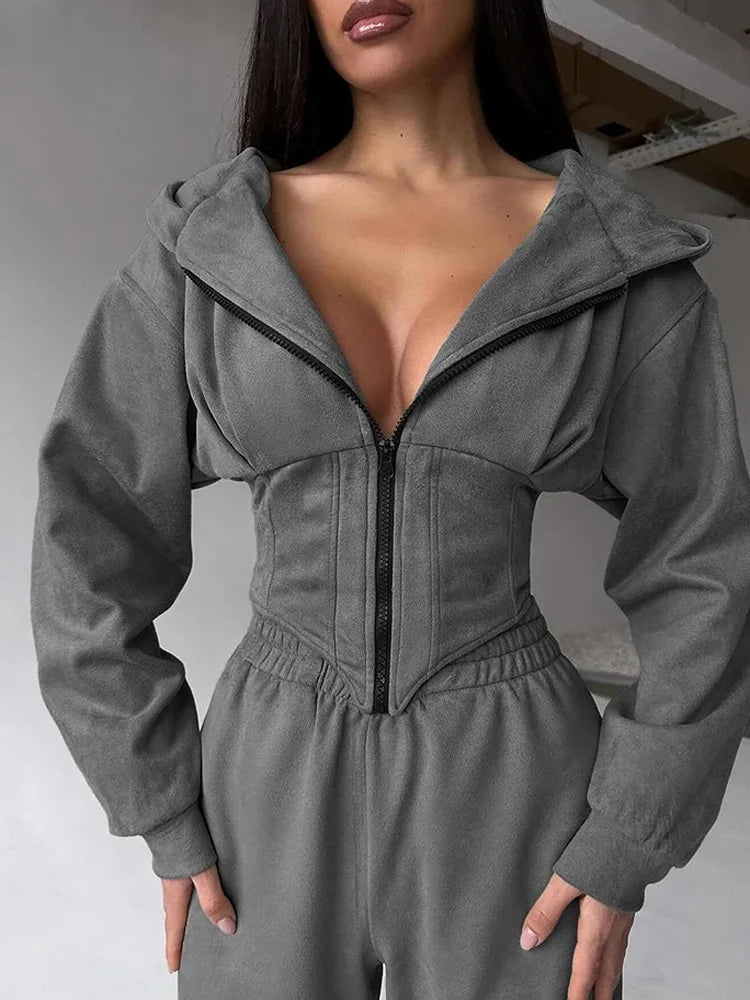 Autumn Solid Color Waist-Cinched Hooded Sweatshirt Long Pants 2-Piece Sporty Casual Set Women's Tracksuit Elegant