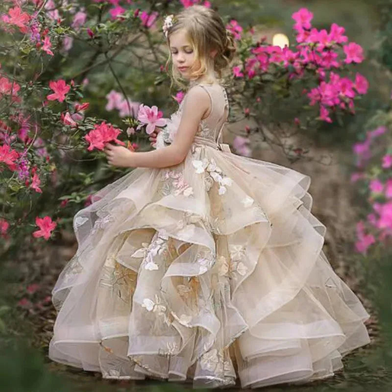 Flower Girl Dress Champagne Sleeveless Tiered Tulle Applique Fit Wedding Princess Dress Holy Communion Birthday Gowns