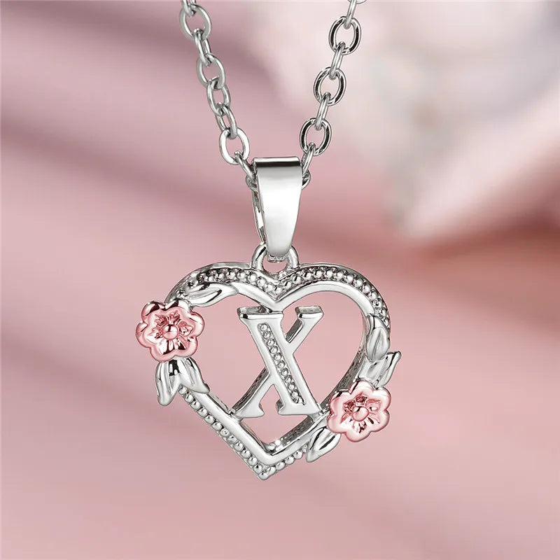 Cute Female A-Z Letter Flower Pendant Necklace Silver Color  Jewelry Gift For Women