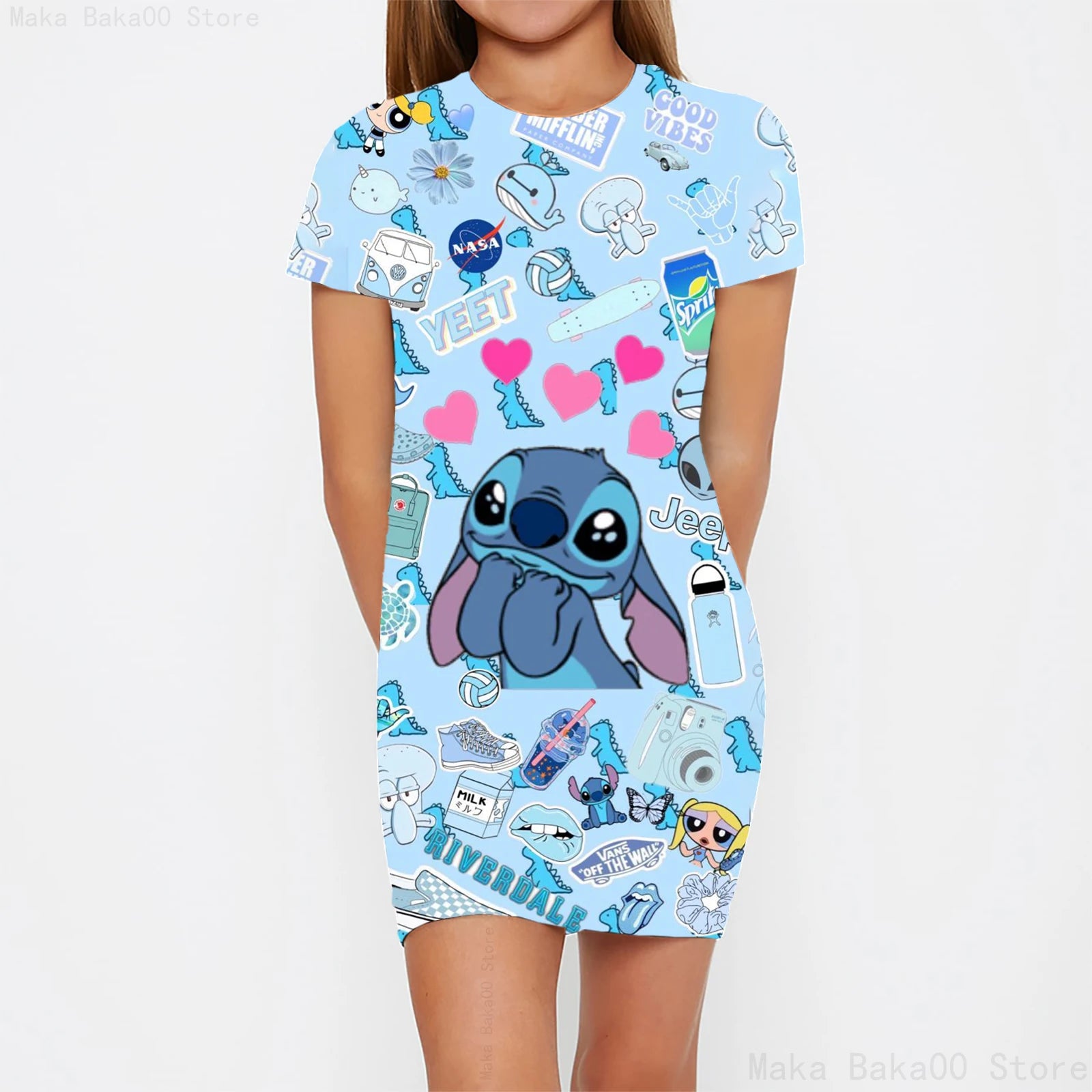 Stitch round neck short-sleeved skirt girls cartoon print tights clothes