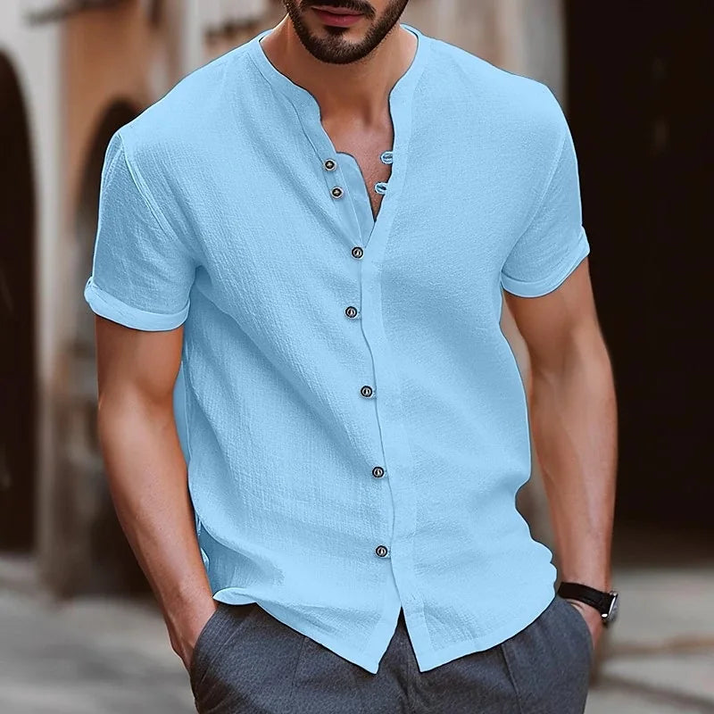 High quality fashion men's collarless short sleeve Polo shirt men's beach style casual collarless T-shirt garment top