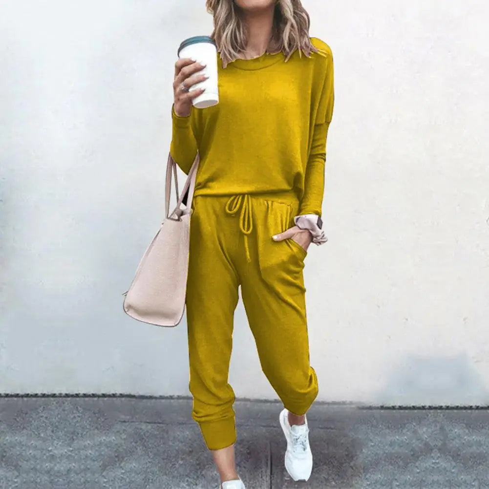 Drawstring Elastic Waist Sweatpants Set Fashion Sporty Casual Pullover Tops Pants Set Lady Tracksuit Set