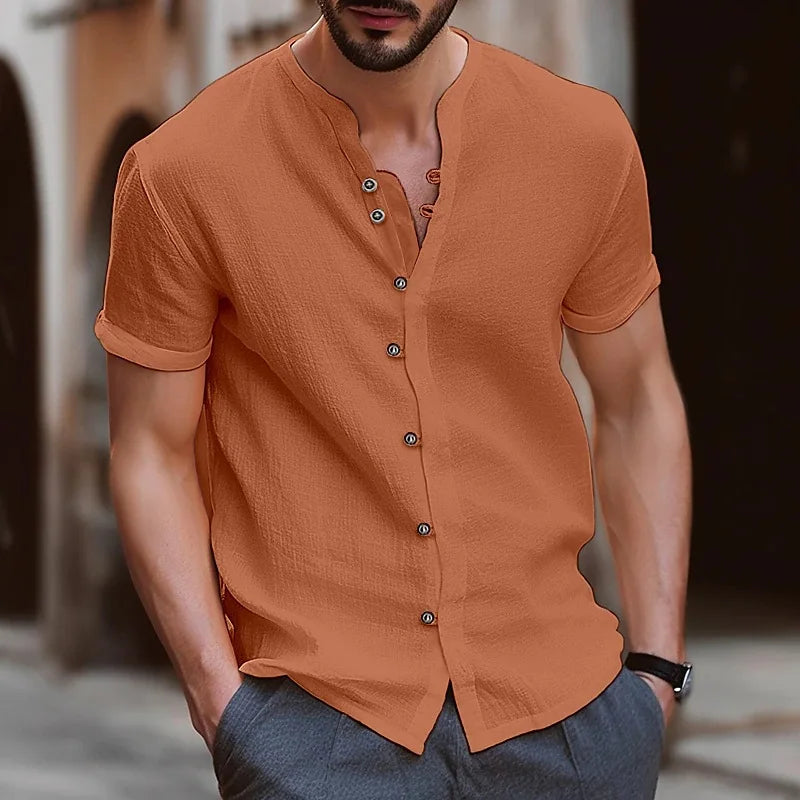 High quality fashion men's collarless short sleeve Polo shirt men's beach style casual collarless T-shirt garment top