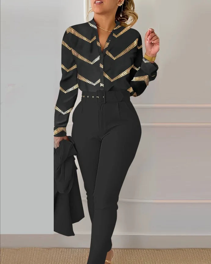 Stand Neck Floral Print Long Sleeve Shirt Pants Two Piece Sets Elegant Women Casual Shirt Trousers Suits With Belt