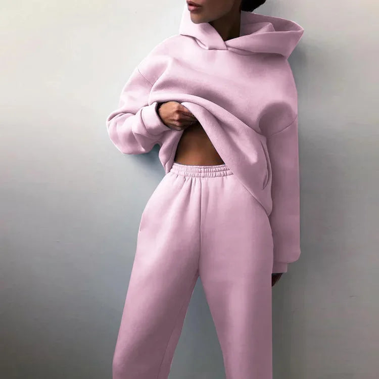Women Tracksuit Set Solid Long Sleeve Sport Suits Autumn Winter Warm Hooded Sweatshirts And Jogger Pants  Two Piece Set