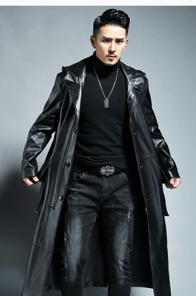 Spring Autumn Extra Long Black Loose Waterproof Windproof Soft Pu Leather Trench Coats Men with Hood Zip Up Overcoat