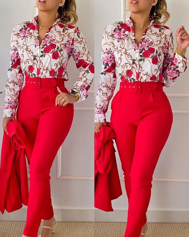 Stand Neck Floral Print Long Sleeve Shirt Pants Two Piece Sets Elegant Women Casual Shirt Trousers Suits With Belt