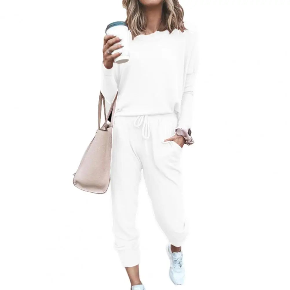 Drawstring Elastic Waist Sweatpants Set Fashion Sporty Casual Pullover Tops Pants Set Lady Tracksuit Set