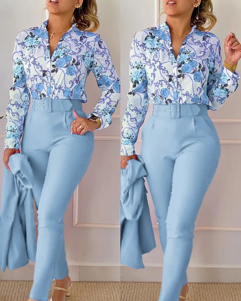Stand Neck Floral Print Long Sleeve Shirt Pants Two Piece Sets Elegant Women Casual Shirt Trousers Suits With Belt