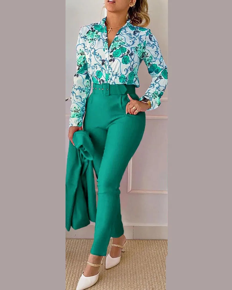 Stand Neck Floral Print Long Sleeve Shirt Pants Two Piece Sets Elegant Women Casual Shirt Trousers Suits With Belt