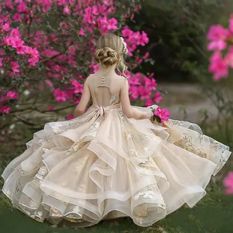 Flower Girl Dress Champagne Sleeveless Tiered Tulle Applique Fit Wedding Princess Dress Holy Communion Birthday Gowns