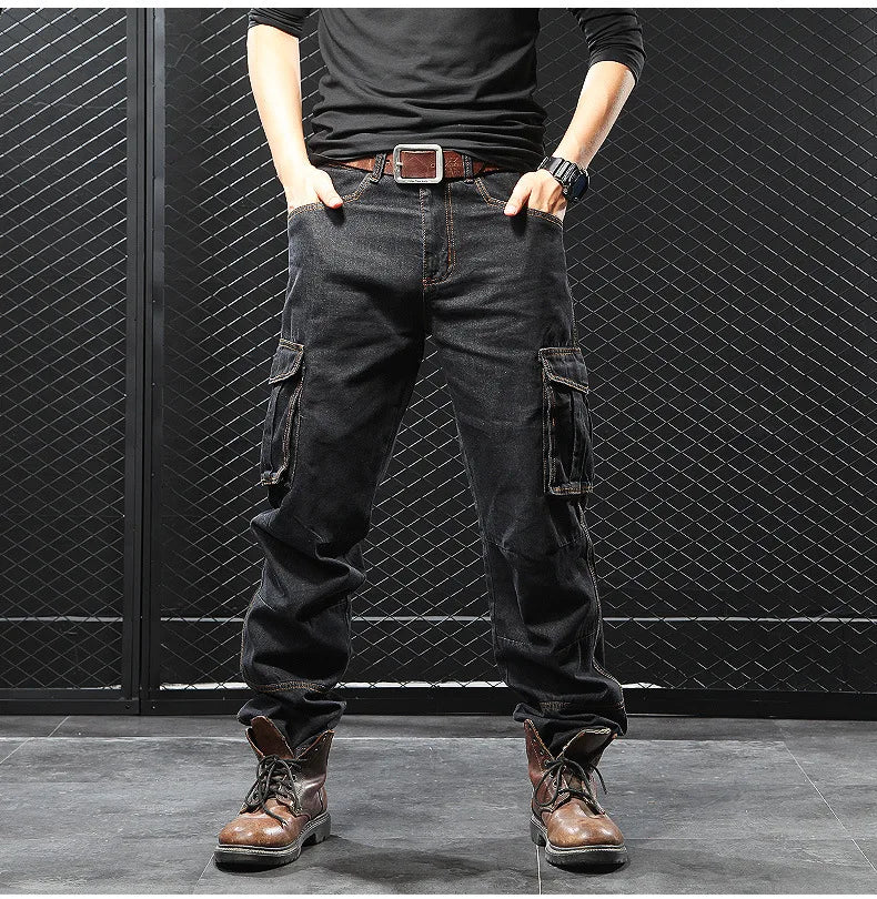 Men's Multi-Pocket Straight Cargo Jeans Loose Casual Jeans
